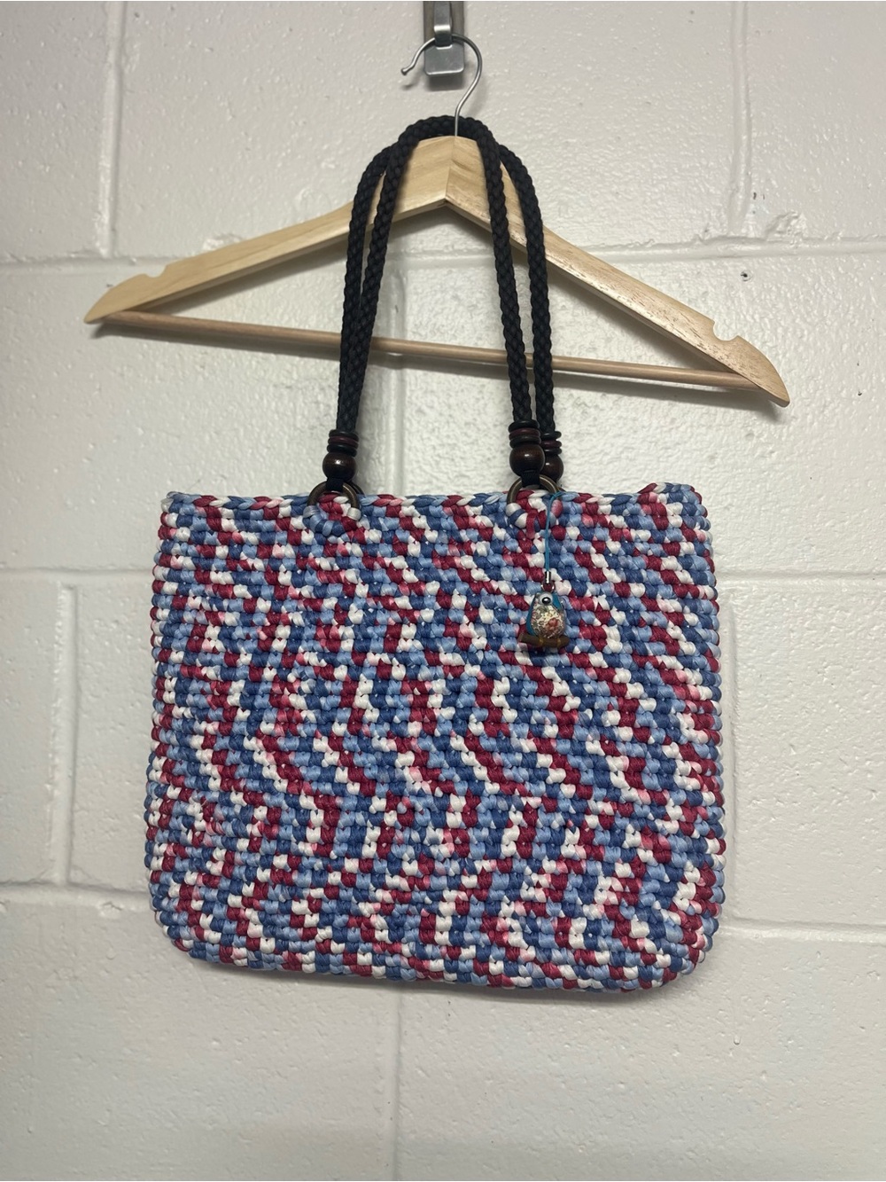 Hand Woven Multicolor  purse with Dark Brown Rope Handles and owl charm